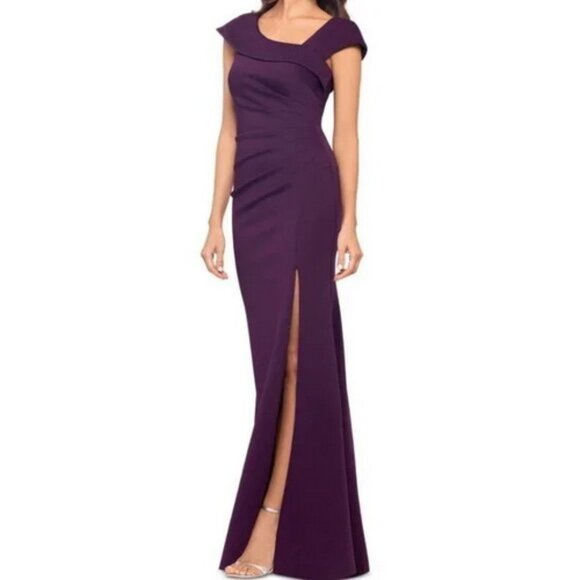 Xscape Purple Plum Asymmetric Neck Scuba Trumpet Gown